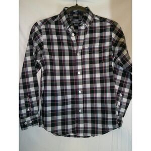 IZOD Boys Plaid Button Down Shirt Long Sleeve Black Red White Size M‎ (10-12)